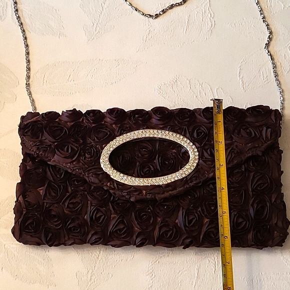 NEW Brown Organza Clutch, Rosettes, Rhinestone Clasp & Silver-tone Strap - Picture 12 of 12